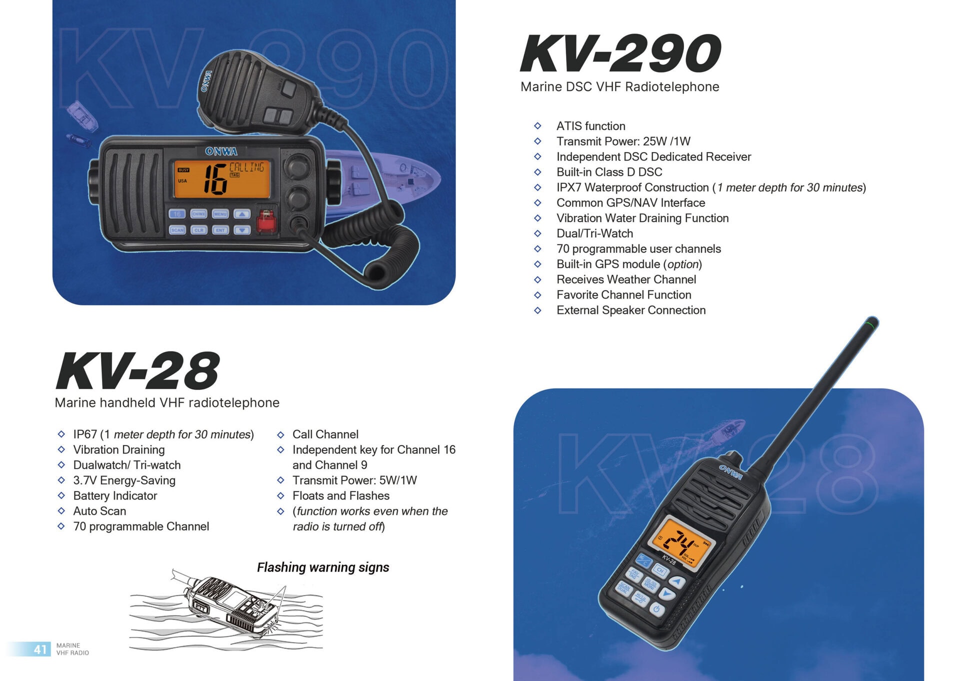 Marine radios and navigation devices with IP rating for water and dust protection.